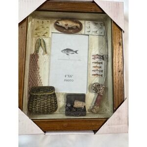 VINTAGE Frame Fishing Shadow Box 4X6 picture‎ space HEAVY Wood / Tackle Box Pole